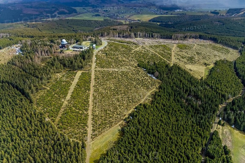 Aerial view, forest damage in restricted military area, radar dome and radar station on Ebschloh mountain, Erndtebrück, Siegerland, North Rhine-Westphalia, Germany, tree mortality, mountain, DE, Europe, aerial view, aerial photography, aerial photography, restricted area, overview, bird's-eye view, forest, forest area, forest damage, forest mortality, bird's-eye view, overview, bark beetle plague, spruce mortality, clearing, tree clearing, deforestation, wood pile