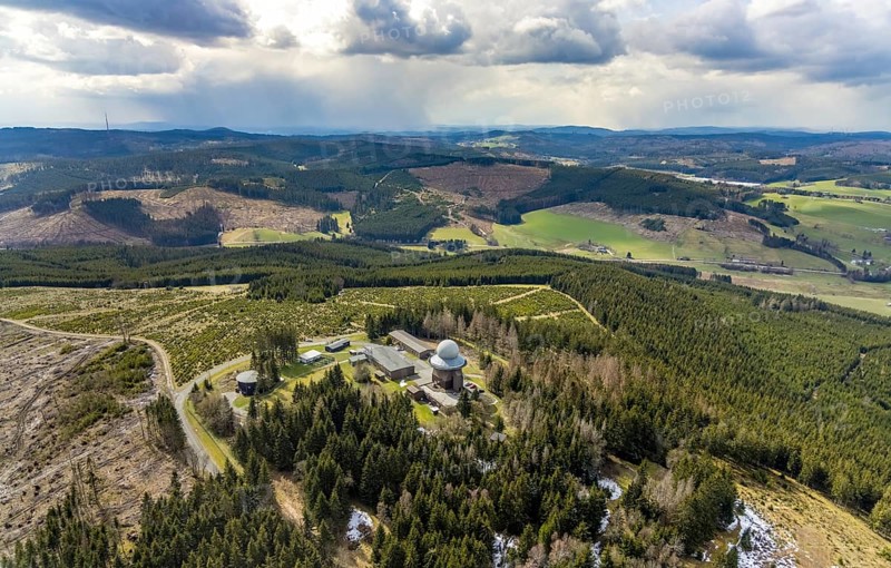 Aerial view, forest damage in a restricted military area, radar dome and radar station on Mount Ebschloh, Erndtebrück, Siegerland, North Rhine-Westphalia, Germany, tree mortality, mountain, DE, Europe, aerial view, aerial photography, aerial photography, restricted area, overview, bird's-eye view, forest, forest area, forest damage, forest mortality, bird's-eye view, overview
