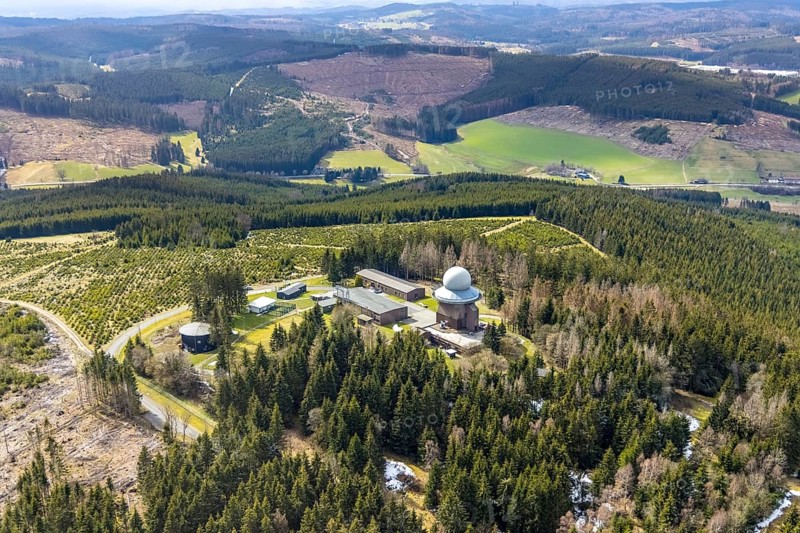 Aerial view, forest damage in a restricted military area, radar dome and radar station on Mount Ebschloh, Erndtebrück, Siegerland, North Rhine-Westphalia, Germany, tree mortality, mountain, DE, Europe, aerial view, aerial photography, aerial photography, restricted area, overview, bird's-eye view, forest, forest area, forest damage, forest mortality, bird's-eye view, overview