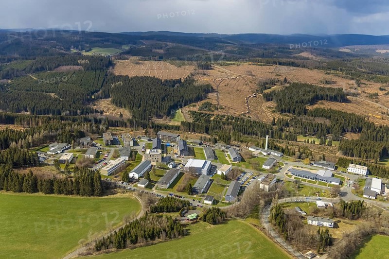 Aerial photo, Hachenberg barracks, forest damage, Erndtebrück, Siegerland, North Rhine-Westphalia, Germany, DE, Europe, Grimbachstraße, barracks, aerial photo, aerial photography, aerial photography, overview, bird's-eye view, overview