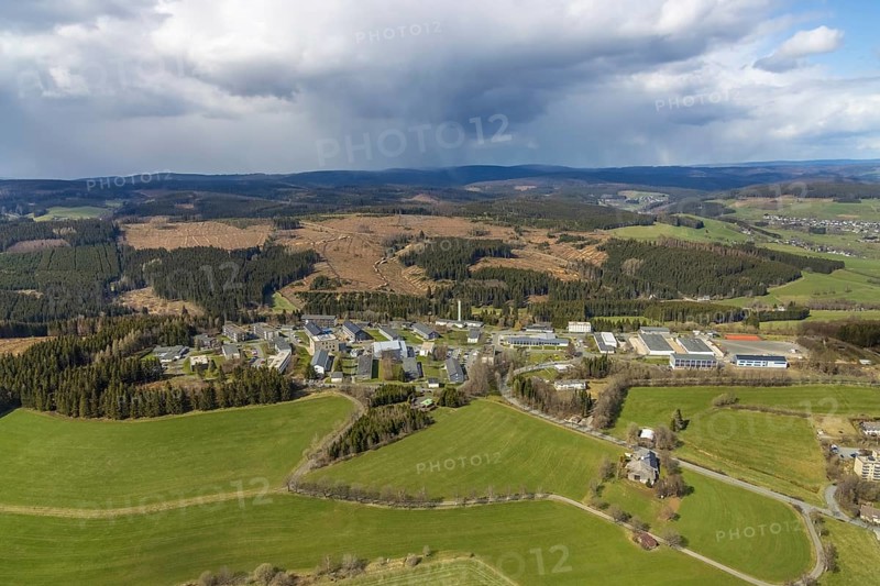 Aerial photo, Hachenberg barracks, forest damage, Erndtebrück, Siegerland, North Rhine-Westphalia, Germany, DE, Europe, Grimbachstraße, barracks, aerial photo, aerial photography, aerial photography, overview, bird's-eye view, overview