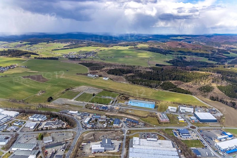 Aerial view, commercial area and town view Leimstruth, Erndtebrück, Siegerland, North Rhine-Westphalia, Germany, Bad Berleburg, DE, Europe, commercial enterprises, commercial area, commercial area, commercial location, commercial use, industrial area, industrial location, aerial view, aerial photography, aerial photography, overview, bird's-eye view, overview