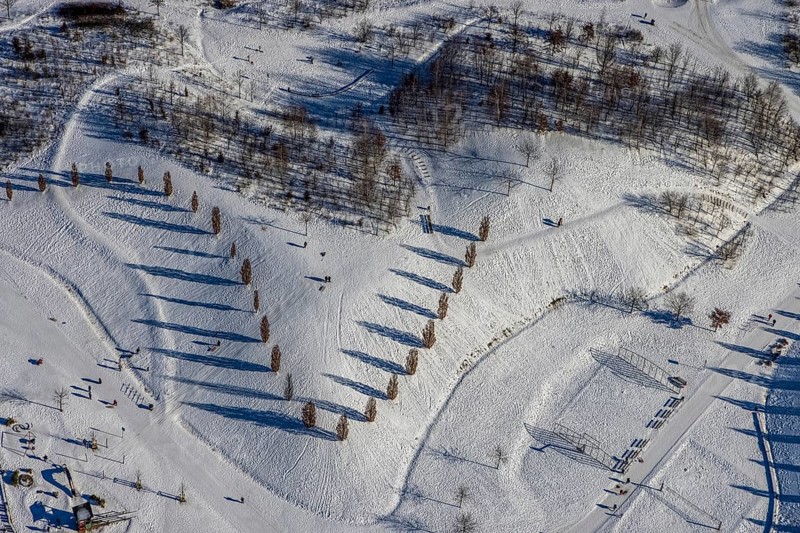 Aerial view, shadow play in snow-covered Krupp Park, Altendorf, Essen, Ruhr area, North Rhine-Westphalia, Germany, row of trees, DE, Europe, shapes and colours, aerial view, aerial photography, aerial photography, park, shadows, snow, walkers, overview, bird's eye view, winter, winter landscape, birds-eyes view, overview