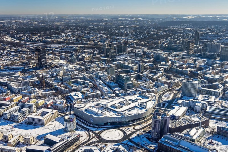 Aerial view, townscape, city, Limbecker Platz, Westviertel, Essen, Ruhr area, North Rhine-Westphalia, Germany, Berliner Platz, DE, Europe, city centre, roundabout, aerial view, aerial photography, aerial photography, townscape, snow, city area, city centre, overview, bird's eye view, winter, birds-eyes view, overview