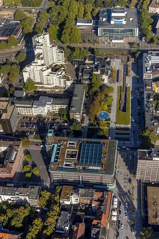 Aerial view, City-Wohnanlage Weißer Riese am Fritz-Rahkob-Platz in the Altstadt district of Gelsenkirchen, Ruhr area, North Rhine-Westphalia, Germany, DE, Ebertstraße, Europe, Gelsenkirchen, aerial photograph, aerial photography, aerial photography, overview, bird's-eye view, Volkshochschule Gelsenkirchen, birds-eyes view, overview