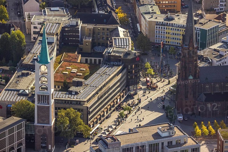 Aerial view, Heinrich-König-Platz in the city centre with Old Tower and Provost Church of St. Augustine in the Altstadt district of Gelsenkirchen, Ruhr area, North Rhine-Westphalia, Germany, Altstadt, place of worship, city, DE, Europe, Gelsenkirchen, religious community, place of worship, holy site, city centre, church, parish, denomination, aerial photograph, aerial photography, aerial photography, religion, religious site, city centre, overview, bird's-eye view, bird's-eye view, overview
