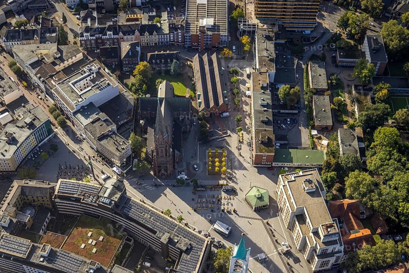 Aerial view, Heinrich-König-Platz in the city centre with Old Tower and Provost Church of St. Augustine in the Altstadt district of Gelsenkirchen, Ruhr area, North Rhine-Westphalia, Germany, Altstadt, place of worship, city, DE, Europe, Gelsenkirchen, religious community, place of worship, holy site, city centre, church, parish, denomination, aerial photograph, aerial photography, aerial photography, religion, religious site, city centre, overview, bird's-eye view, bird's-eye view, overview