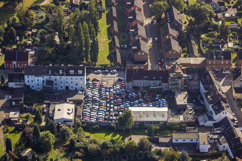 Aerial view, car centre Buer in the district Schalke-Nord in Gelsenkirchen, Ruhr area, North Rhine-Westphalia, Germany, car dealer, DE, Europe, Gelsenkirchen, commercial enterprises, commercial area, commercial location, commercial use, industrial area, industrial location, aerial photograph, aerial photography, aerial photography, aerial photography, car, overview, bird's-eye view, birds-eyes view, overview