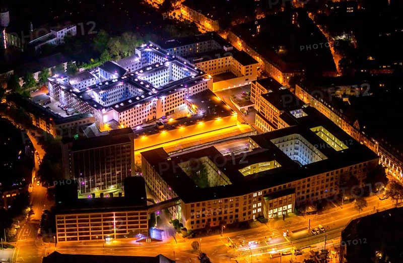 Aerial photograph, Essen District Court and Local Court, Essen Prison, Essen-Rüttenscheid, Essen, Ruhr area, North Rhine-Westphalia, Germany, local court, arrest, outdoor lighting, authority, DE, twilight, Europe, deprivation of liberty, prison, custody, detention centre, prison sentence, correctional facility, light pollution, aerial photograph, aerial photography, aerial photography, night aerial photograph, streetlights, street lamps, overview, custody, bird's eye view, illuminated, illuminated houses, illuminated house, birds-eyes view, artificial light, night, nightflight, overview
