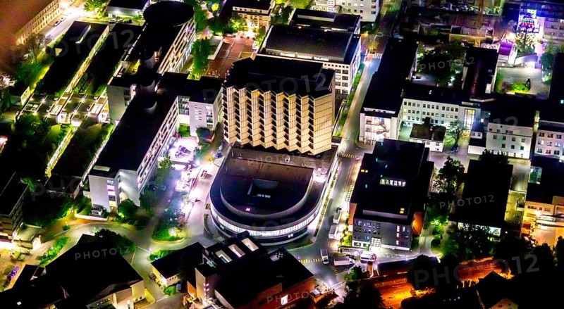 Aerial photography, University Hospital Essen, ENT Clinic, Essen-Rüttenscheid, Essen, Ruhr area, North Rhine-Westphalia, Germany, outdoor lighting, DE, twilight, Europe, healthcare, hospital, clinic, clinic centre, hospital, light pollution, aerial photography, aerial photography, aerial photography, medical facility, medical aid, night aerial photography, streetlights, street lamps, overview, bird's eye view, illuminated, illuminated houses, illuminated house, birds-eyes view, artificial light, night, nightflight, overview, medical care