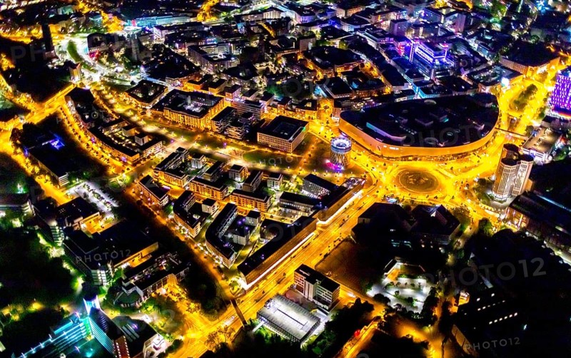 Aerial photograph, Limbecker Platz, shopping centre, Berliner Platz, Westviertel, Essen, Ruhr area, North Rhine-Westphalia, Germany, outdoor lighting, DE, twilight, shopping centre, shopping square, Europe, light pollution, aerial photograph, aerial photography, aerial photography, media house, media company, night aerial photography, shopping, shopping centre, streetlights, street lamps, overview, publishing house, publishing industry, bird's-eye view, illuminated, illuminated houses, illuminated house, birds-eyes view, artificial light, night, nightflight, overview
