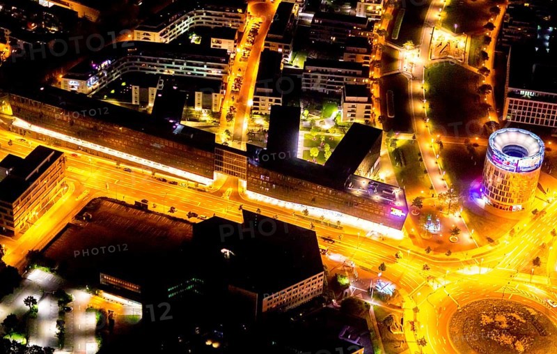 Aerial view, Berliner Platz, Funke Mediengruppe, Westviertel, Essen, Ruhr area, North Rhine-Westphalia, Germany, outdoor lighting, DE, twilight, shopping centre, shopping square, shopping mall, Europe, light pollution, aerial view, aerial photography, aerial photography, media house, media company, night aerial photography, shopping, shopping centre, streetlights, street lamps, overview, publishing house, publishing industry, bird's-eye view, illuminated, illuminated houses, illuminated house, birds-eyes view, artificial light, night, nightflight, overview