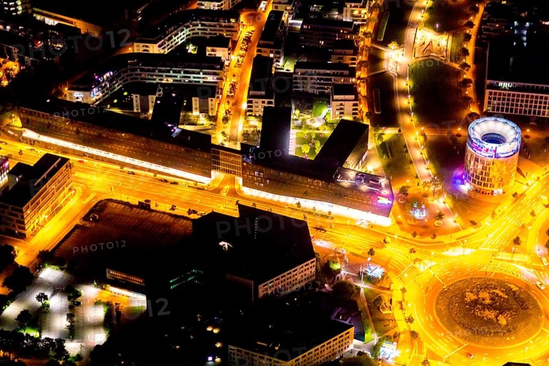 Aerial view, Berliner Platz, Funke Mediengruppe, Westviertel, Essen, Ruhr area, North Rhine-Westphalia, Germany, outdoor lighting, DE, twilight, shopping centre, shopping square, shopping mall, Europe, light pollution, aerial view, aerial photography, aerial photography, media house, media company, night aerial photography, shopping, shopping centre, streetlights, street lamps, overview, publishing house, publishing industry, bird's-eye view, illuminated, illuminated houses, illuminated house, birds-eyes view, artificial light, night, nightflight, overview