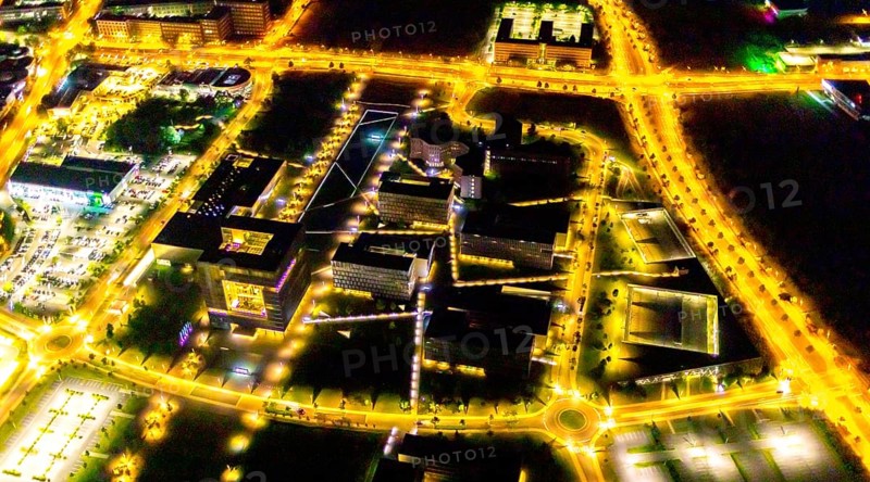 Aerial view, thyssenkrupp Quarter, Altendorf, Essen, Ruhr area, North Rhine-Westphalia, Germany, outdoor lighting, office campus, DE, design, twilight, Europe, light pollution, aerial photograph, aerial photography, night aerial photograph, streetlights, street lamps, thyssenkrupp headquarters, overview, bird's eye view, illuminated, illuminated houses, illuminated house, birds-eyes view, artificial light, night, nightflight, overview