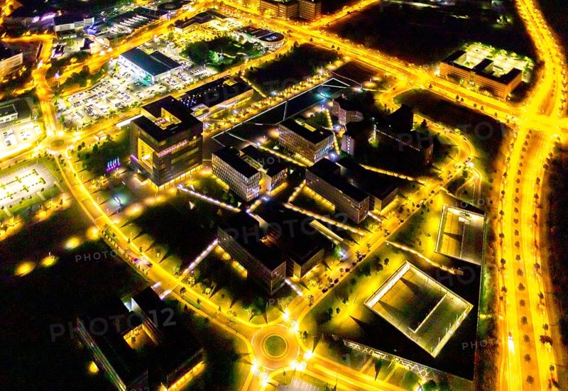 Aerial view, thyssenkrupp Quarter, Altendorf, Essen, Ruhr area, North Rhine-Westphalia, Germany, outdoor lighting, office campus, DE, design, twilight, Europe, light pollution, aerial photograph, aerial photography, night aerial photograph, streetlights, street lamps, thyssenkrupp headquarters, overview, bird's eye view, illuminated, illuminated houses, illuminated house, birds-eyes view, artificial light, night, nightflight, overview