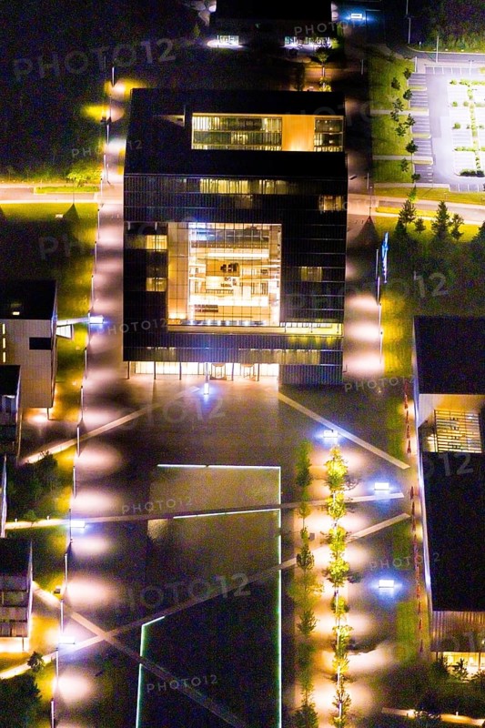Aerial view, thyssenkrupp Quarter, Altendorf, Essen, Ruhr area, North Rhine-Westphalia, Germany, outdoor lighting, office campus, DE, design, twilight, Europe, light pollution, aerial photograph, aerial photography, night aerial photograph, Q1 buildings, streetlights, street lamps, thyssenkrupp headquarters, overview, bird's eye view, illuminated, illuminated houses, illuminated house, birds-eyes view, artificial light, night, nightflight, overview