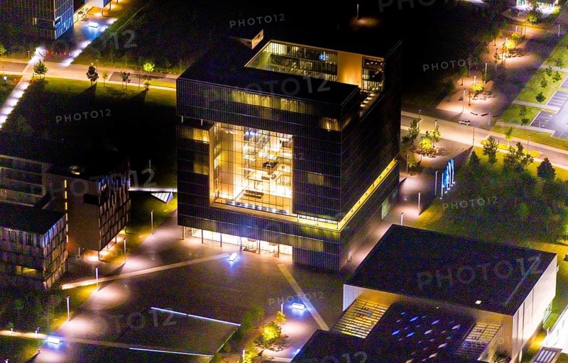 Aerial view, thyssenkrupp Quarter, Altendorf, Essen, Ruhr area, North Rhine-Westphalia, Germany, outdoor lighting, office campus, DE, design, twilight, Europe, light pollution, aerial photograph, aerial photography, night aerial photograph, Q1 buildings, streetlights, street lamps, thyssenkrupp headquarters, overview, bird's eye view, illuminated, illuminated houses, illuminated house, birds-eyes view, artificial light, night, nightflight, overview