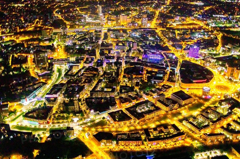 Aerial view, Limbecker Platz, shopping centre, Berliner Platz, Westviertel, Essen, Ruhr area, North Rhine-Westphalia, Germany, outdoor lighting, DE, twilight, shopping centre, shopping square, Europe, light pollution, aerial photograph, aerial photography, aerial photography at night, shopping, shopping centre, streetlights, street lamps, overview, bird's eye view, illuminated, illuminated houses, illuminated house, birds-eyes view, artificial light, night, nightflight, overview