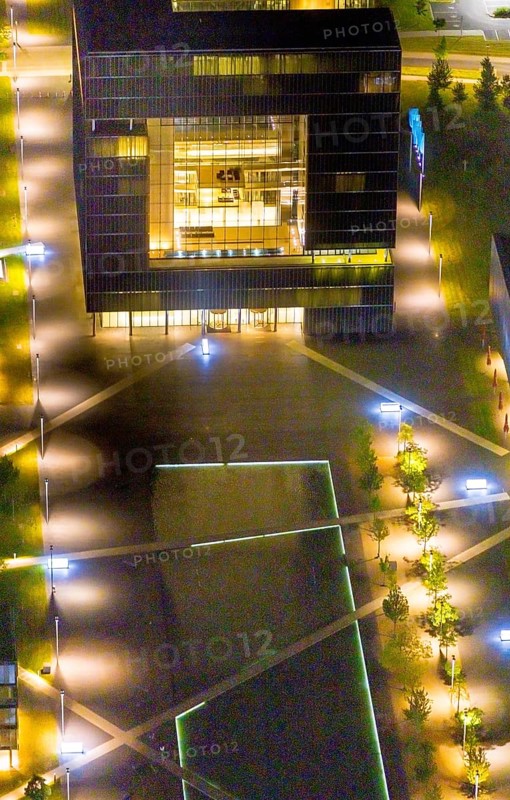 Aerial view, thyssenkrupp Quarter, Altendorf, Essen, Ruhr area, North Rhine-Westphalia, Germany, outdoor lighting, office campus, DE, design, twilight, Europe, light pollution, aerial photograph, aerial photography, night aerial photograph, Q1 buildings, streetlights, street lamps, thyssenkrupp headquarters, overview, bird's eye view, illuminated, illuminated houses, illuminated house, birds-eyes view, artificial light, night, nightflight, overview