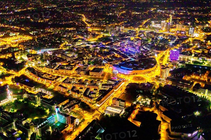 Aerial photograph, Limbecker Platz, shopping centre, Berliner Platz, Funke Mediengruppe, Westviertel, Essen, Ruhr area, North Rhine-Westphalia, Germany, outdoor lighting, DE, twilight, shopping centre, shopping square, Europe, light pollution, aerial photograph, aerial photography, aerial photography, media house, media company, night aerial photography, shopping, shopping centre, streetlights, street lamps, overview, publishing house, publishing industry, bird's-eye view, illuminated, illuminated houses, illuminated house, birds-eyes view, artificial light, night, nightflight, overview