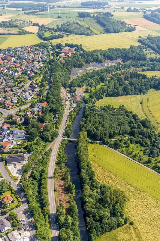 Aerial view, Möhne road with fences, river Möhne, Niederense, Ense, Sauerland, North Rhine-Westphalia, Germany, DE, Europe, aerial view, aerial photography, aerial photography, overview, bird's eye view, birds-eyes view, overview