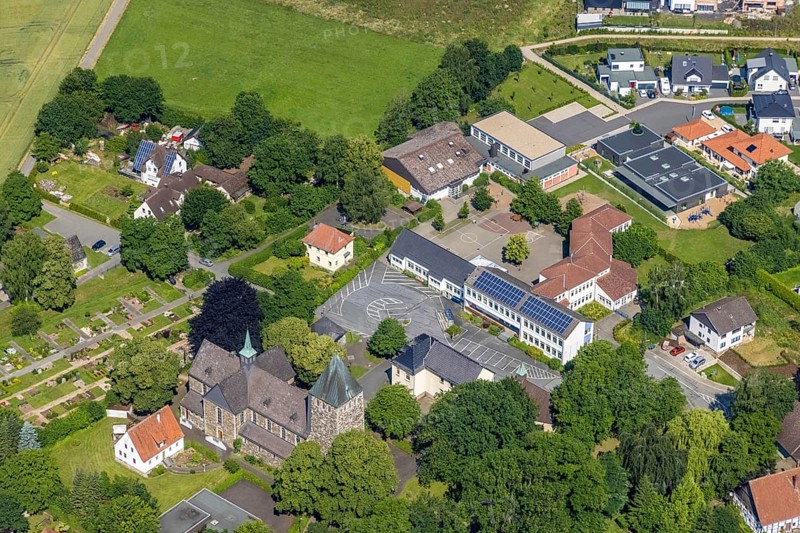 Aerial view, Church of St. Bernhard and Bernhardus School, Niederense, Ense, Sauerland, North Rhine-Westphalia, Germany, place of worship, education, educational institution, DE, Europe, religious community, place of worship, primary school, holy place, church, parish, denomination, educational institute, aerial view, aerial photography, aerial photography, photovoltaics, photovoltaic system, religion, religious site, school, solar, solar system, solar energy, solar energy, overview, bird's-eye view, bird's-eye view, overview