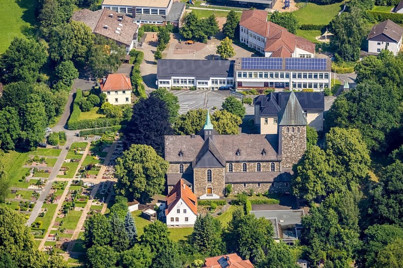 Aerial view, Church of St. Bernhard and Bernhardus School, Niederense, Ense, Sauerland, North Rhine-Westphalia, Germany, place of worship, education, educational institution, DE, Europe, religious community, place of worship, primary school, holy place, church, parish, denomination, educational institute, aerial view, aerial photography, aerial photography, photovoltaics, photovoltaic system, religion, religious site, school, solar, solar system, solar energy, solar energy, overview, bird's-eye view, bird's-eye view, overview