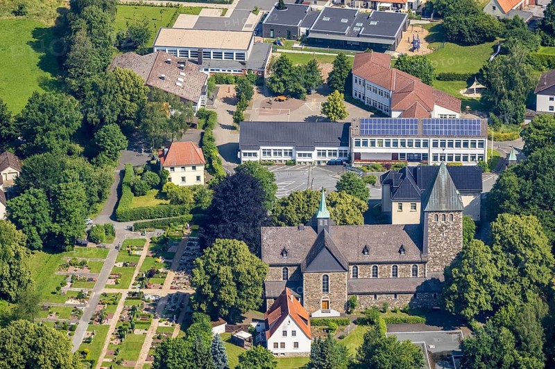 Aerial view, Church of St. Bernhard and Bernhardus School, Niederense, Ense, Sauerland, North Rhine-Westphalia, Germany, place of worship, burial place, education, educational institution, DE, Europe, cemetery, memorial, religious community, place of worship, church, primary schools, burial ground, holy place, church, parish, denomination, educational institution, aerial view, aerial photography, aerial photography, photovoltaic, photovoltaic system, religion, religious site, resting place, school, solar, solar system, solar energy, solar energy, overview, bird's-eye view, birds-eyes view, overview