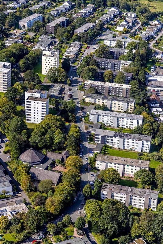 Aerial view, high-rise housing estate Büttenberger Straße in the district Büttenberg in Ennepetal, Ruhr area, North Rhine-Westphalia, Germany, DE, Ennepetal, Europe, property tax, high-rise buildings, real estate, aerial view, aerial photography, aerial photography, multi-family houses, overview, bird's-eye view, residential complex, living and living, residential area, residential buildings, quality of life, residential neighbourhood, housing estate, birds-eyes view, overview
