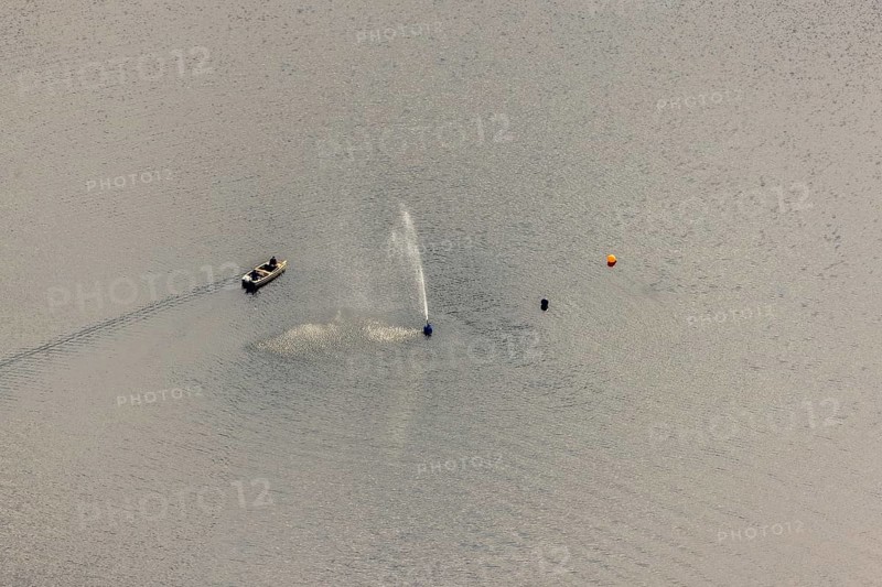 Aerial view, Ennepetalsperre and boat with water fountain in the district Altenbreckerfeld in Breckerfeld, Ruhr area, North Rhine-Westphalia, Germany, Breckerfeld, DE, Europe, aerial view, aerial photography, aerial photography, dam, overview, bird's eye view, birds-eyes view, overview