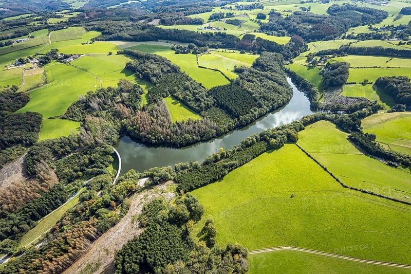 Aerial view, Heilenbecker Talsperre in the district Rüggeberg in Ennepetal, Ruhr area, North Rhine-Westphalia, Germany, DE, Ennepetal, Europe, aerial view, aerial photography, aerial photography, lake, reservoir, overview, bird's-eye view, meadows and fields, birds-eyes view, overview