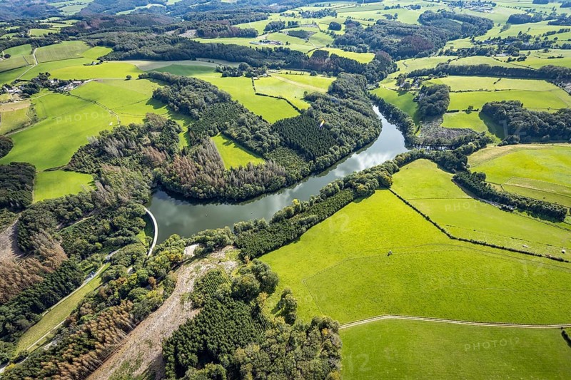 Aerial view, Heilenbecker Talsperre in the district Rüggeberg in Ennepetal, Ruhr area, North Rhine-Westphalia, Germany, DE, Ennepetal, Europe, aerial view, aerial photography, aerial photography, lake, reservoir, overview, bird's-eye view, meadows and fields, birds-eyes view, overview