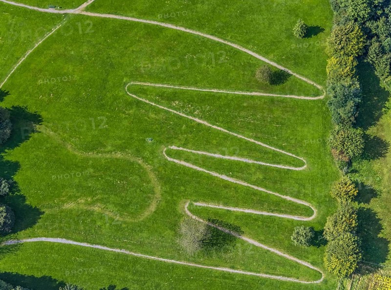 Aerial view, serpentine path at the Königsfeld Clinic in the Windgarten district of Ennepetal, Ruhr area, North Rhine-Westphalia, Germany, DE, Ennepetal, Europe, aerial view, aerial photography, aerial photography, rehab path, serpentine shape, overview, bird's-eye view, overview, heart training, winding path, serpentines, waves, zigzag path