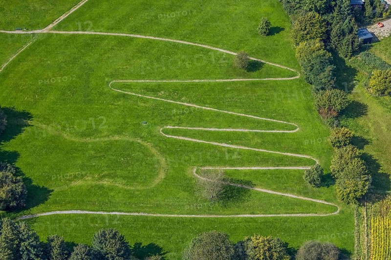 Aerial view, serpentine path at the Königsfeld Clinic in the Windgarten district of Ennepetal, Ruhr area, North Rhine-Westphalia, Germany, DE, Ennepetal, Europe, aerial view, aerial photography, aerial photography, rehab path, serpentine shape, overview, bird's-eye view, overview, heart training, winding path, serpentines, waves, zigzag path