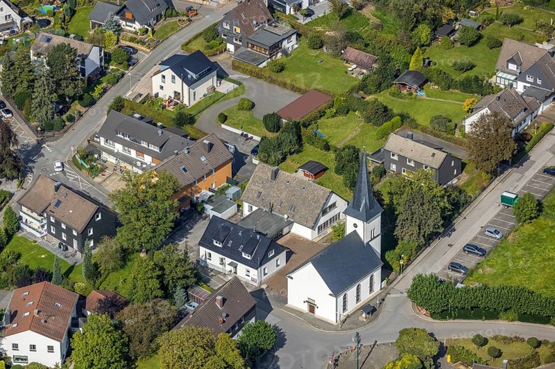 Aerial view, protestant church in the district of Rüggeberg in Ennepetal, Ruhr area, North Rhine-Westphalia, Germany, place of worship, DE, Ennepetal, Europe, religious community, place of worship, holy place, church, parish, denomination, aerial photograph, aerial photography, aerial photography, religion, religious site, overview, bird's-eye view, birds-eyes view, overview