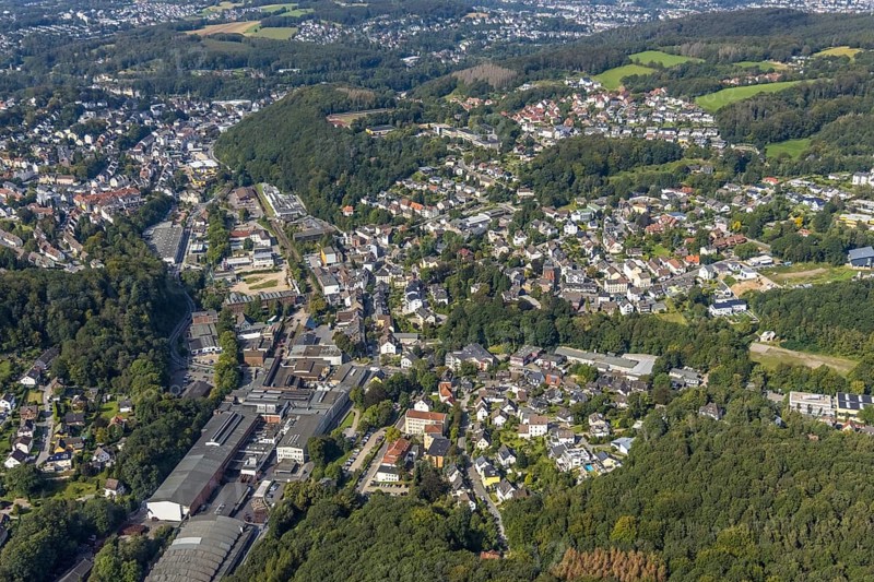 Aerial view, Bharat Forge CDP GmbH factory premises and local view in the district Altenvoerde in Ennepetal, Ruhr area, North Rhine-Westphalia, Germany, DE, Ennepetal, Europe, commercial enterprises, commercial area, commercial area, commercial location, commercial use, industrial area, industrial building, industrial location, aerial photograph, aerial photography, aerial photography, overview, bird's-eye view, birds-eyes view, overview