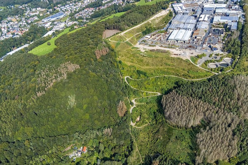 Aerial view, commercial area Jacobstraße with Siegfried Jacob Metallwerke and landfill in the district Voerde in Ennepetal, Ruhr area, North Rhine-Westphalia, Germany, tree mortality, bark beetle damage, bark beetle plague, DE, landfill, Ennepetal, Europe, spruce mortality, commercial enterprises, commercial area, commercial park, commercial site, commercial use, industrial area, industrial site, clear-cutting, aerial view, aerial photography, aerial photography, overview, bird's-eye view, forest, forest area, forest damage, forest damage, forest dieback, birds-eyes view, overview