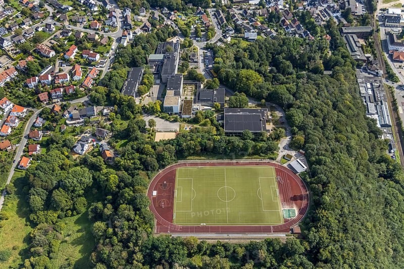 Aerial view, Dorma Sportpark and Reichenbach-Gymnasium in the Altenvoerde district of Ennepetal, Ruhr area, North Rhine-Westphalia, Germany, education, educational institution, DE, Ennepetal, Europe, football pitch, football stadium, grammar school, teaching institute, athletics stadium, aerial photograph, aerial photography, aerial photography, school, sport, sports facilities, sports field, sports facility, stadium, overview, bird's-eye view, bird's-eye view, overview