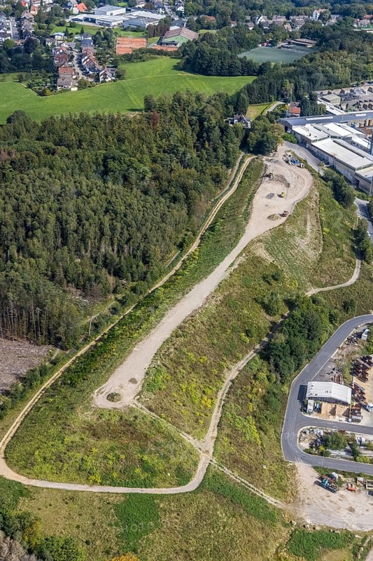 Aerial view, commercial area Jacobstraße with Siegfried Jacob Metallwerke and landfill in the district Voerde in Ennepetal, Ruhr area, North Rhine-Westphalia, Germany, tree mortality, bark beetle damage, bark beetle plague, DE, landfill, Ennepetal, Europe, spruce mortality, commercial enterprises, commercial area, commercial park, commercial site, commercial use, industrial area, industrial site, clear-cutting, aerial view, aerial photography, aerial photography, overview, bird's-eye view, forest, forest area, forest damage, forest damage, forest dieback, birds-eyes view, overview