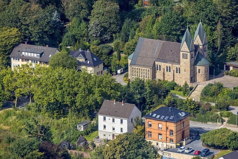 Aerial view, catholic church St. Johann Baptist in the district Voerde in Ennepetal, Ruhr area, North Rhine-Westphalia, Germany, place of worship, DE, Ennepetal, Europe, religious community, place of worship, holy place, church, parish, denomination, aerial view, aerial photography, aerial photography, religion, religious site, overview, bird's-eye view, overview