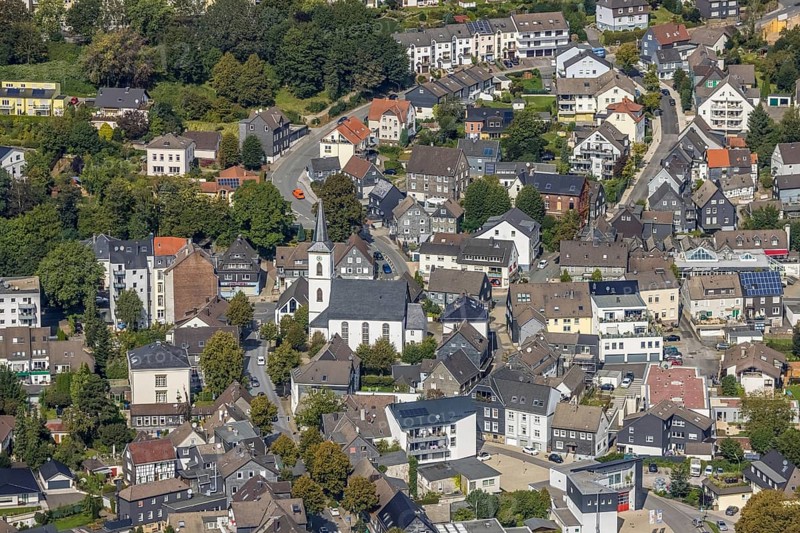 Aerial view, town centre with the protestant Johanneskirche in the district Voerde in Ennepetal, Ruhr area, North Rhine-Westphalia, Germany, place of worship, DE, Ennepetal, Europe, religious community, place of worship, holy place, church, parish, denomination, aerial view, aerial photography, aerial photography, religion, religious site, overview, bird's-eye view, overview