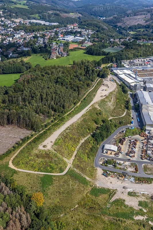 Aerial view, commercial area Jacobstraße with Siegfried Jacob Metallwerke and landfill in the district Voerde in Ennepetal, Ruhr area, North Rhine-Westphalia, Germany, tree mortality, bark beetle damage, bark beetle plague, DE, landfill, Ennepetal, Europe, spruce mortality, commercial enterprises, commercial area, commercial park, commercial site, commercial use, industrial area, industrial site, clear-cutting, aerial view, aerial photography, aerial photography, overview, bird's-eye view, forest, forest area, forest damage, forest damage, forest dieback, birds-eyes view, overview