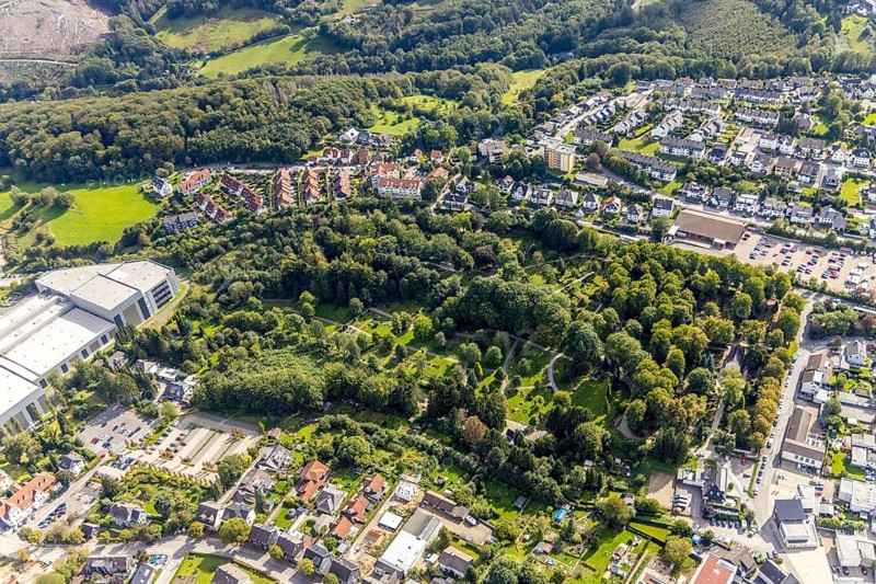 Aerial view, cemetery in the forest in the district Voerde in Ennepetal, Ruhr area, North Rhine-Westphalia, Germany, burial place, DE, Ennepetal, Europe, cemetery, memorial, place of worship, graves, burial ground, aerial photograph, aerial photography, aerial photography, resting place, overview, bird's-eye view, overview
