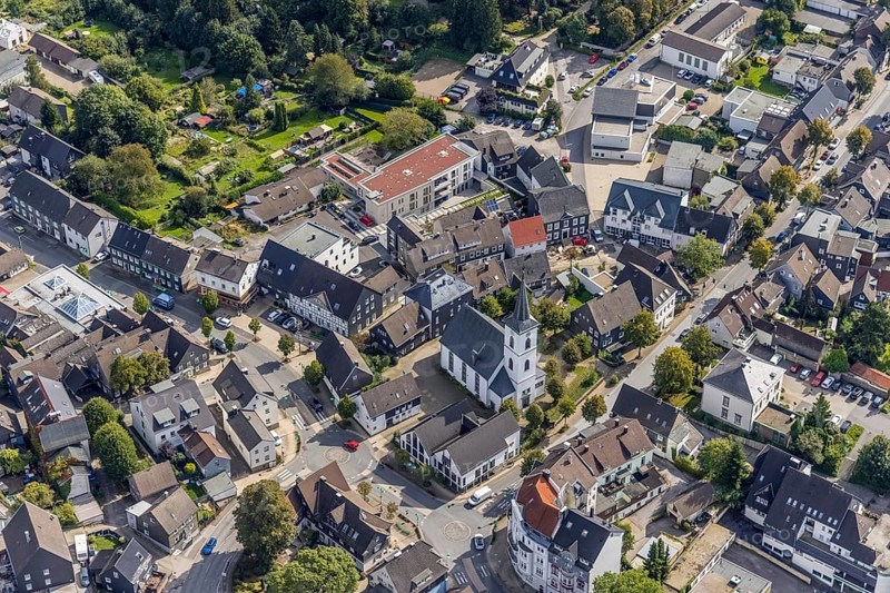 Aerial view, town centre with the protestant Johanneskirche and the new building Haus an der Kirche Bethel.regional in the district Voerde in Ennepetal, Ruhr area, North Rhine-Westphalia, Germany, place of worship, care and nursing, DE, Ennepetal, Europe, religious community, place of worship, holy place, church, parish, denomination, aerial view, aerial photography, aerial photography, religion, religious site, overview, bird's-eye view, assisted living, birds-eyes view, overview