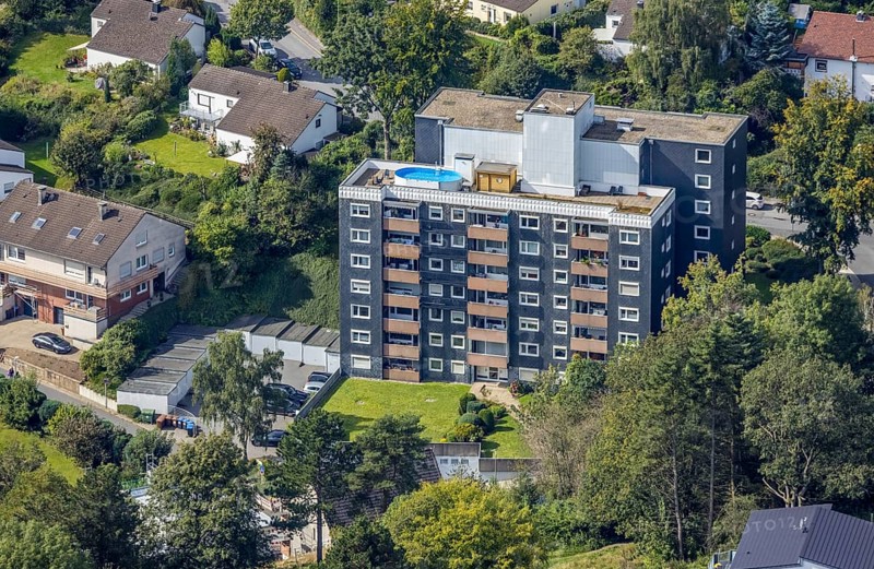 Aerial view, high-rise building with pool on the roof at Sonnenweg in the district Voerde in Ennepetal, Ruhr area, North Rhine-Westphalia, Germany, DE, Ennepetal, Europe, aerial view, aerial photography, aerial photography, swimming pool, overview, bird's-eye view, overview