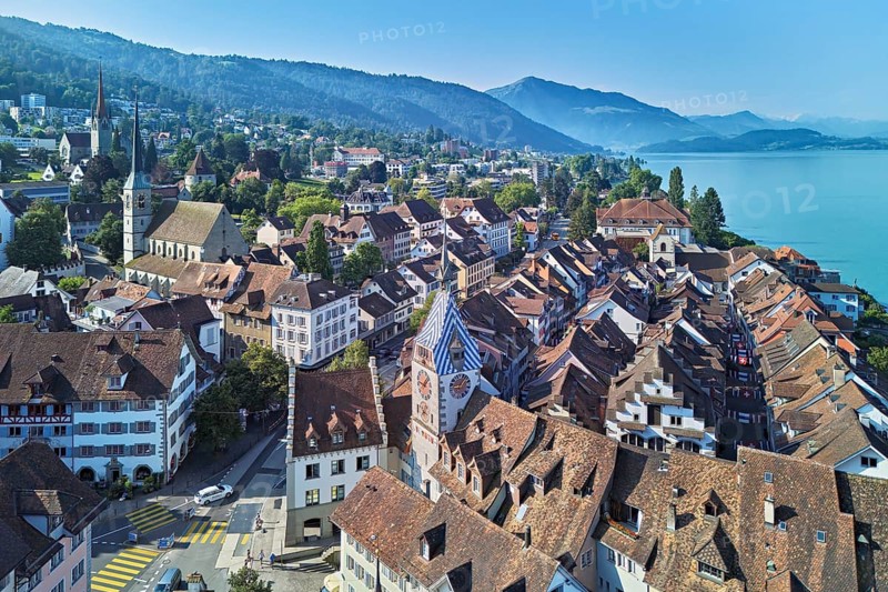 Old town with the Zytturm tower, Lake Zug and the Rigi in the background, Zug, Canton Zug, Switzerland