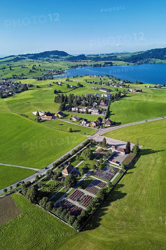 Cemetery from above, Lake Sihl in the background, Einsiedeln, Canton Schwyz, Switzerland