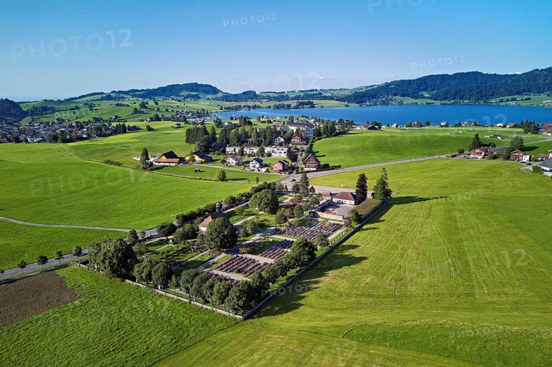 Cemetery from above, Lake Sihl in the background, Einsiedeln, Canton Schwyz, Switzerland