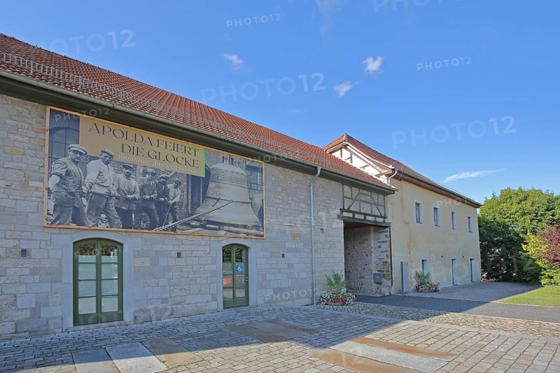 Castle built 16th century with banner for the celebration and anniversary of the bell, city administration, monument, city history, castle, Apolda, Thuringia, Germany