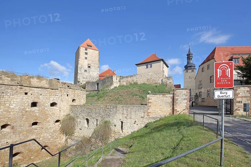 Entrance to the Romanesque castle built 10th century with martyr's tower, Paris tower, towers, moat, bulwark, inscription, signpost, Querfurt, Romanesque Road, Saxony-Anhalt, Germany